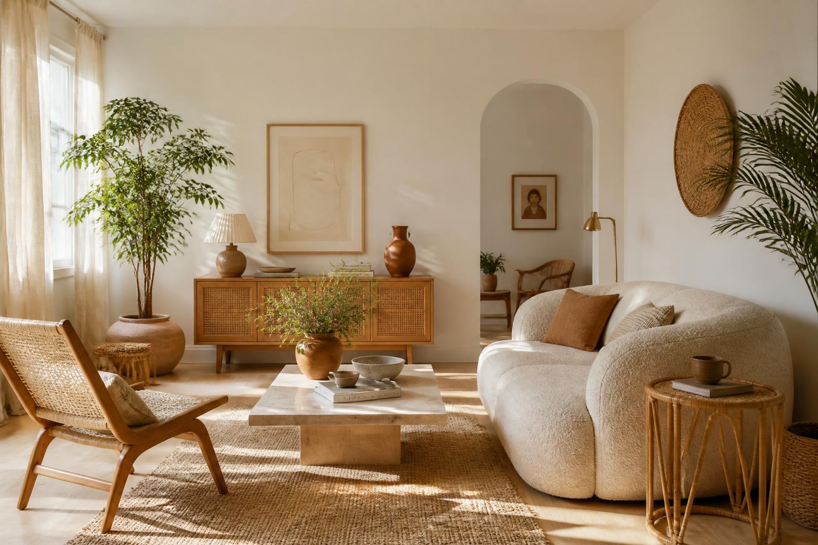 A warm, sunlit living room designed with natural furniture